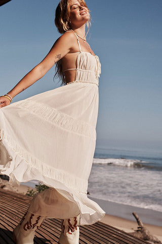 Bow Tie Backless Smocked Tiered Ruffle Beach Vacation Midi Sundress