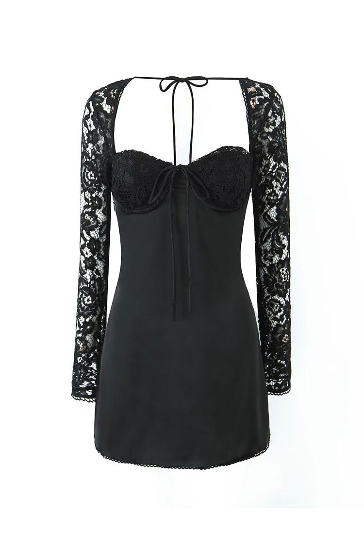 Bow Tie Bustier Lace Sleeve Smocked Lace Up Satin Party Mini Dress
