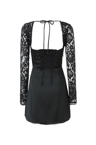 Bow Tie Bustier Lace Sleeve Smocked Lace Up Satin Party Mini Dress