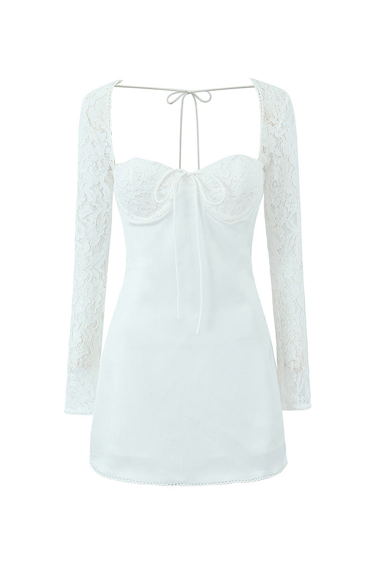 Bow Tie Bustier Lace Sleeve Smocked Laced Back Bodycon Party Mini Dress