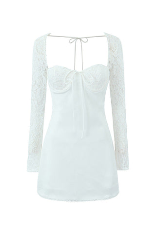 Bow Tie Bustier Lace Sleeve Smocked Laced Back Bodycon Party Mini Dress
