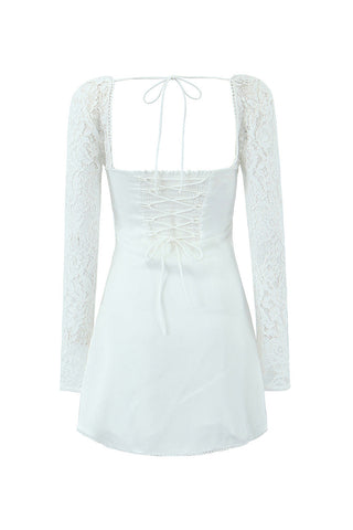 Bow Tie Bustier Lace Sleeve Smocked Laced Back Bodycon Party Mini Dress