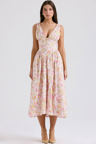 Bow Tie Deep V Ruched Drop Waist Pocket Corset Floral Midi Sundress - Pink