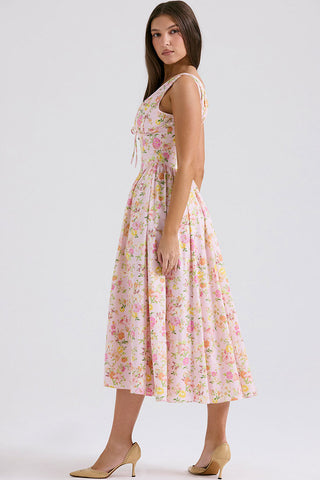 Bow Tie Deep V Ruched Drop Waist Pocket Corset Floral Midi Sundress - Pink