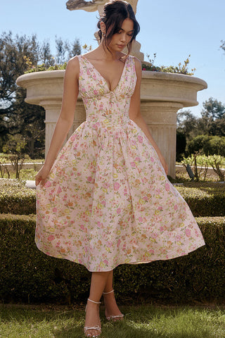 Bow Tie Deep V Ruched Drop Waist Pocket Corset Floral Midi Sundress - Pink