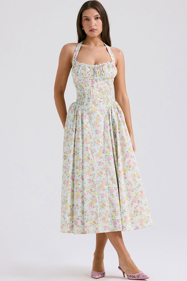 Bow Tie Halter Neck Pocket Smocked Summer Floral Midi Sundress - Green