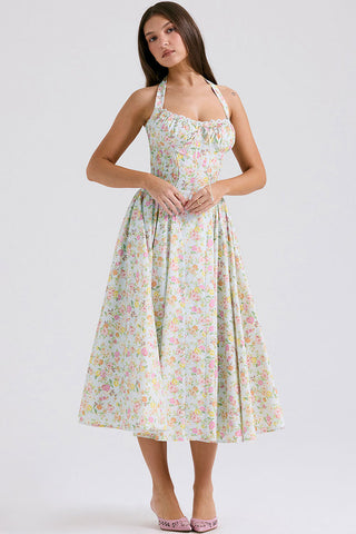 Bow Tie Halter Neck Pocket Smocked Summer Floral Midi Sundress - Green