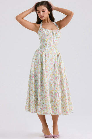 Bow Tie Halter Neck Pocket Smocked Summer Floral Midi Sundress - Green