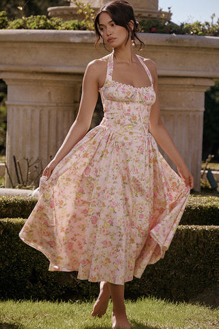 Bow Tie Halter Neck Pocket Smocked Summer Floral Midi Sundress - Pink