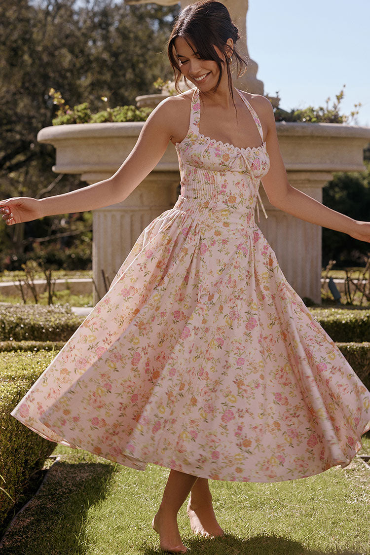 Bow Tie Halter Neck Pocket Smocked Summer Floral Midi Sundress - Pink