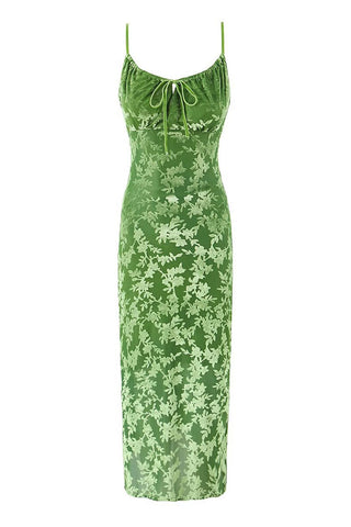 Bow Tie Neck Spaghetti Strap Velvet Floral Summer Slip Midi Dress