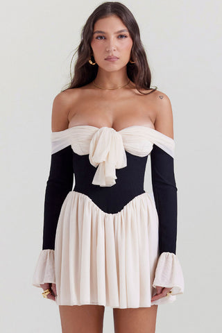 Bow Tie Off Shoulder Long Sleeve Drop Waist Mesh Panel Party Mini Dress - Black