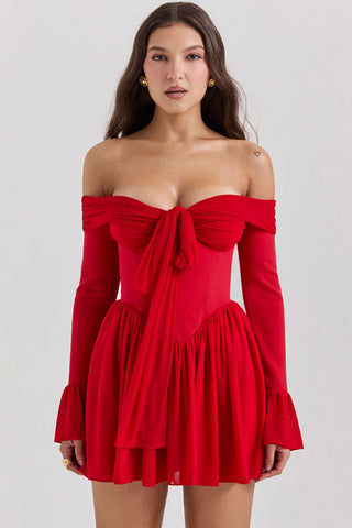 Bow Tie Off Shoulder Long Sleeve Drop Waist Mesh Panel Party Mini Dress - Red