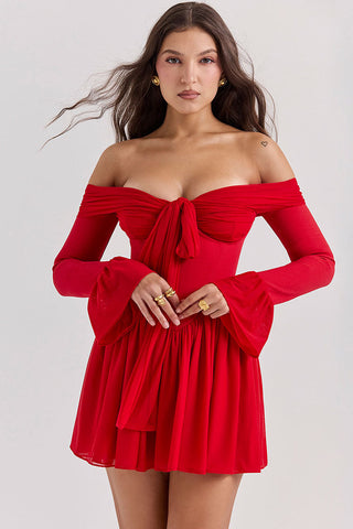 Bow Tie Off Shoulder Long Sleeve Drop Waist Mesh Panel Party Mini Dress - Red