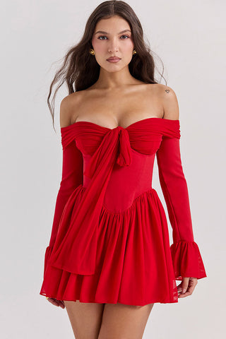 Bow Tie Off Shoulder Long Sleeve Drop Waist Mesh Panel Party Mini Dress - Red