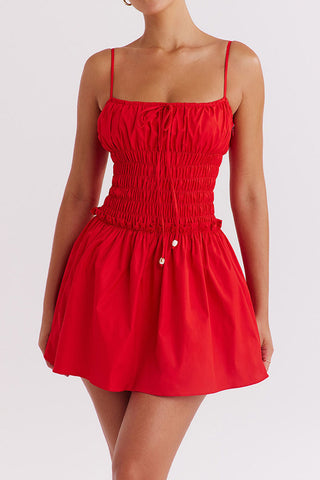 Bow Tie Ruched Scoop Smocked Drop Waist Summer Mini Sundress