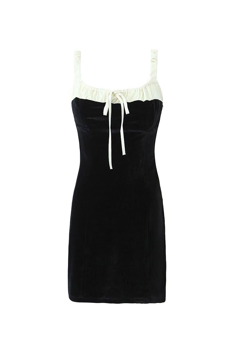 Bow Tie Suspender Strap Contrast Velvet Bodycon Party Mini Dress
