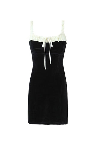 Bow Tie Suspender Strap Contrast Velvet Bodycon Party Mini Dress