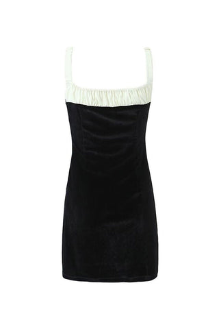 Bow Tie Suspender Strap Contrast Velvet Bodycon Party Mini Dress