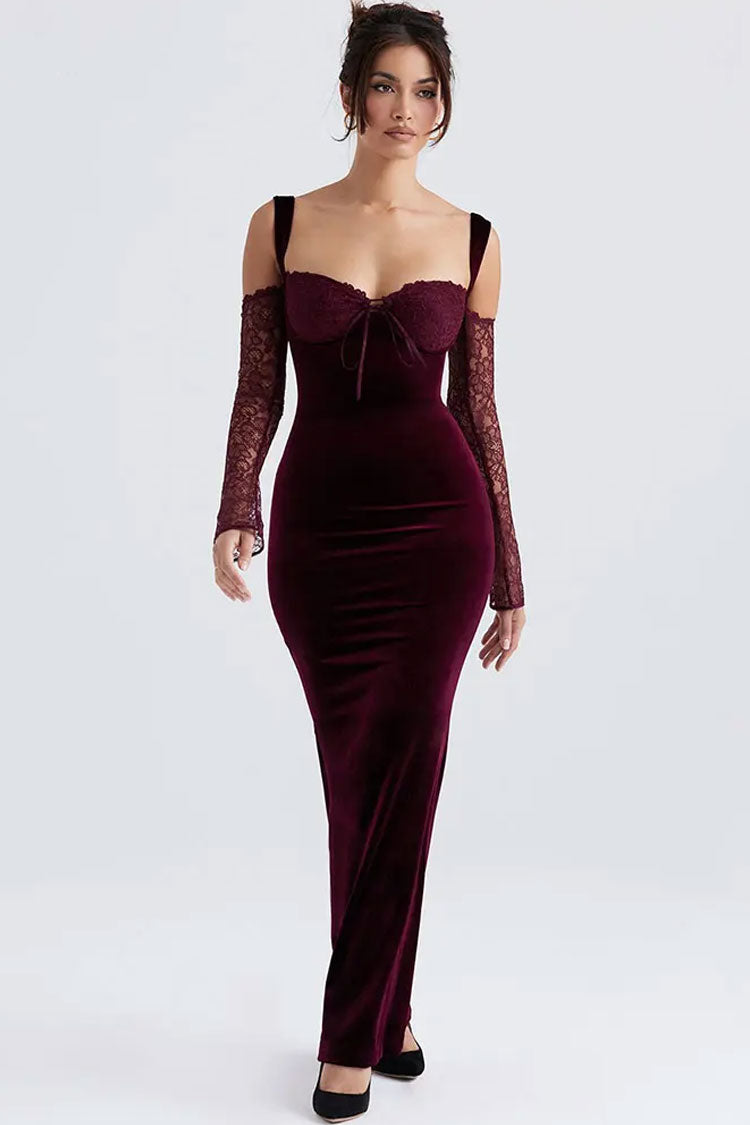 Bow Tie Sweetheart Cutout Shoulder Velvet Evening Maxi Dress - Burgundy