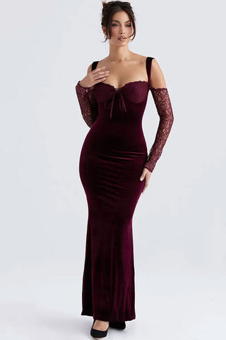 Bow Tie Sweetheart Cutout Shoulder Velvet Evening Maxi Dress - Burgundy