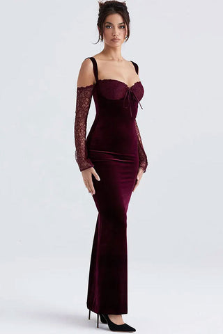 Bow Tie Sweetheart Cutout Shoulder Velvet Evening Maxi Dress - Burgundy