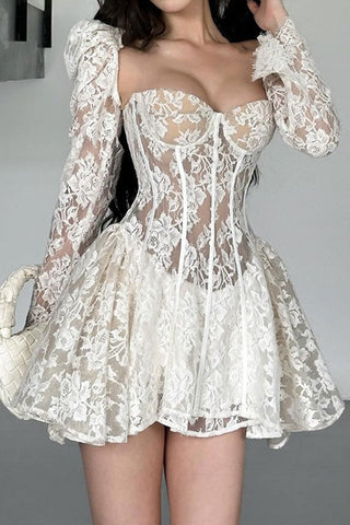 Bustier Puff Sleeve Floral Lace Ruffle Corset Party Mini Dress