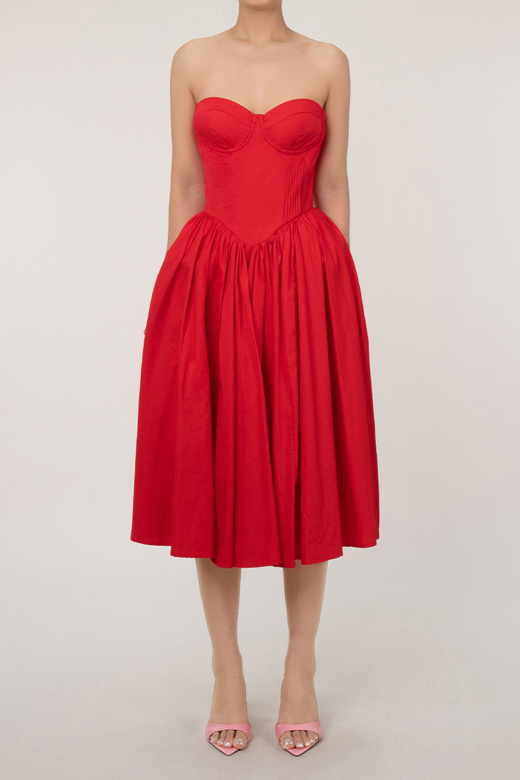 Bustier Strapless Drop Waist Fit & Flare Cocktail Party Midi Dress