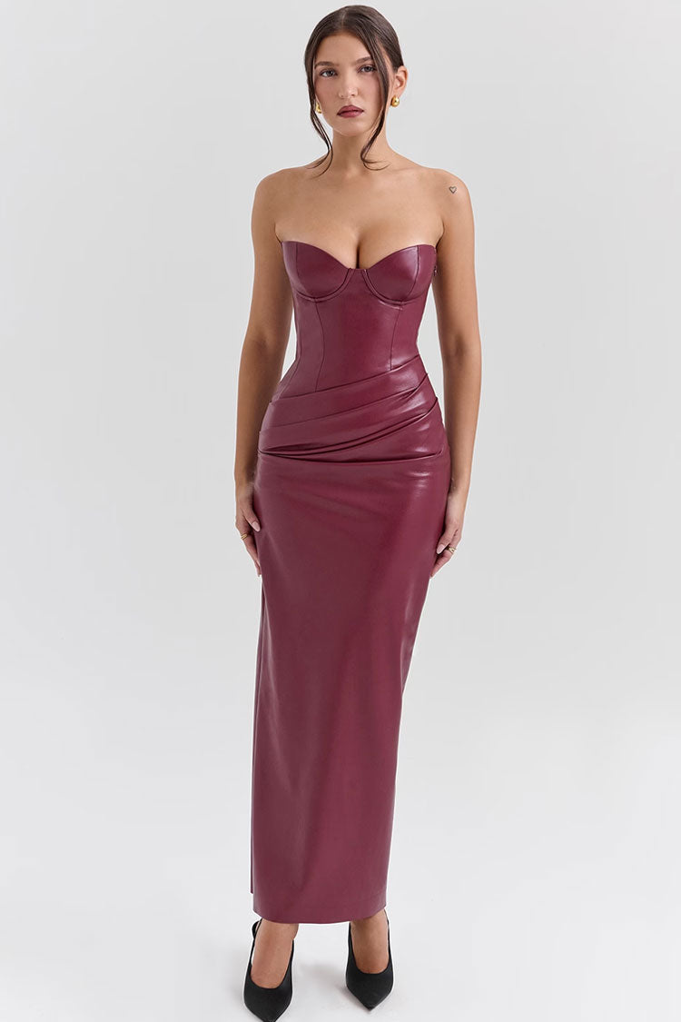 Bustier Strapless Ruched Vegan Leather Bodycon Evening Maxi Dress
