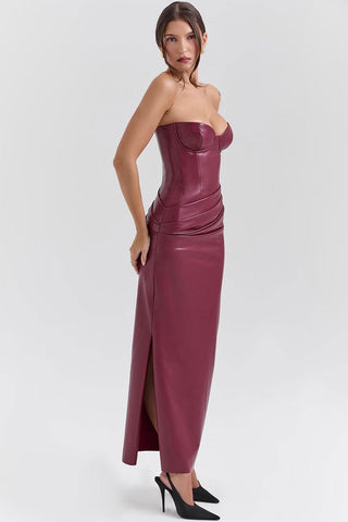Bustier Strapless Ruched Vegan Leather Bodycon Evening Maxi Dress