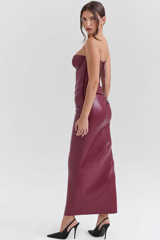 Bustier Strapless Ruched Vegan Leather Bodycon Evening Maxi Dress