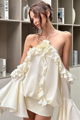 Cold Shoulder Flutter Sleeve Draped Ruffle Rosette Party Mini Dress