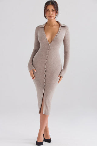 Collared Button Down Long Sleeve Bodycon Rib Knit Sweater Midi Dress - Camel