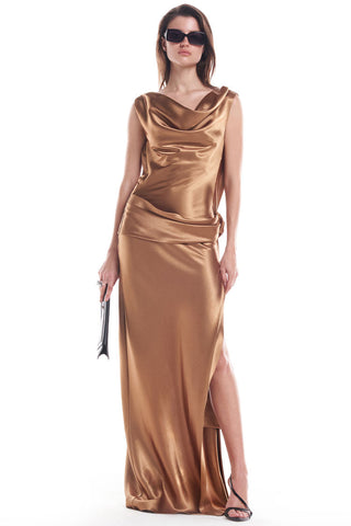 Cowl Neck Ruched Backless Rosette Split Satin Evening Maxi Dress