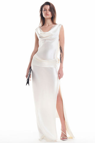Cowl Neck Ruched Backless Rosette Split Satin Evening Maxi Dress