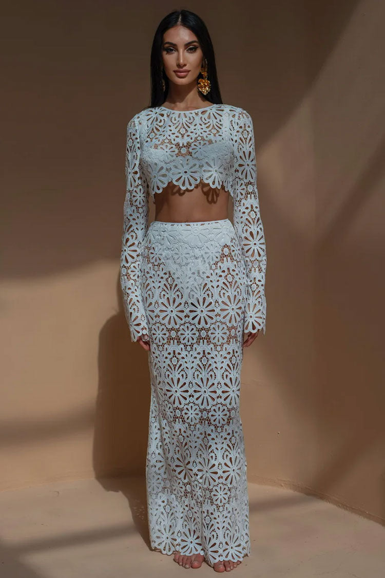 Crochet Lace Floral Long Sleeve Button Up Crop Two Piece Maxi Dress