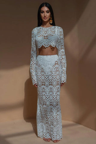 Crochet Lace Floral Long Sleeve Button Up Crop Two Piece Maxi Dress