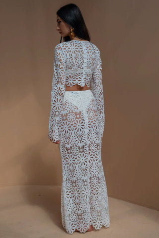 Crochet Lace Floral Long Sleeve Button Up Crop Two Piece Maxi Dress