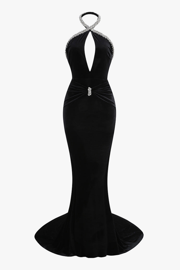 Crystal Braided Halter Cutout Ruched Backless Evening Maxi Dress