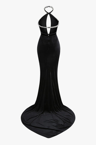 Crystal Braided Halter Cutout Ruched Backless Evening Maxi Dress