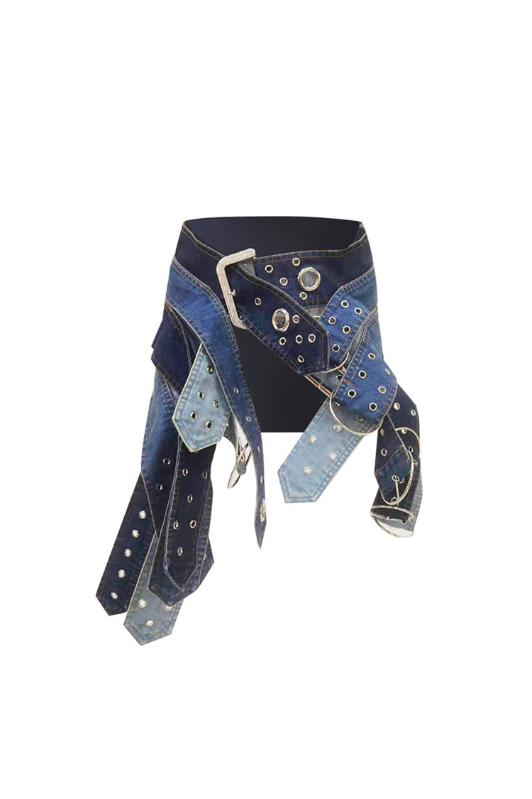 Crystal Buckle Belt Grommet Layered Waistband Micro Mini Denim Skirt