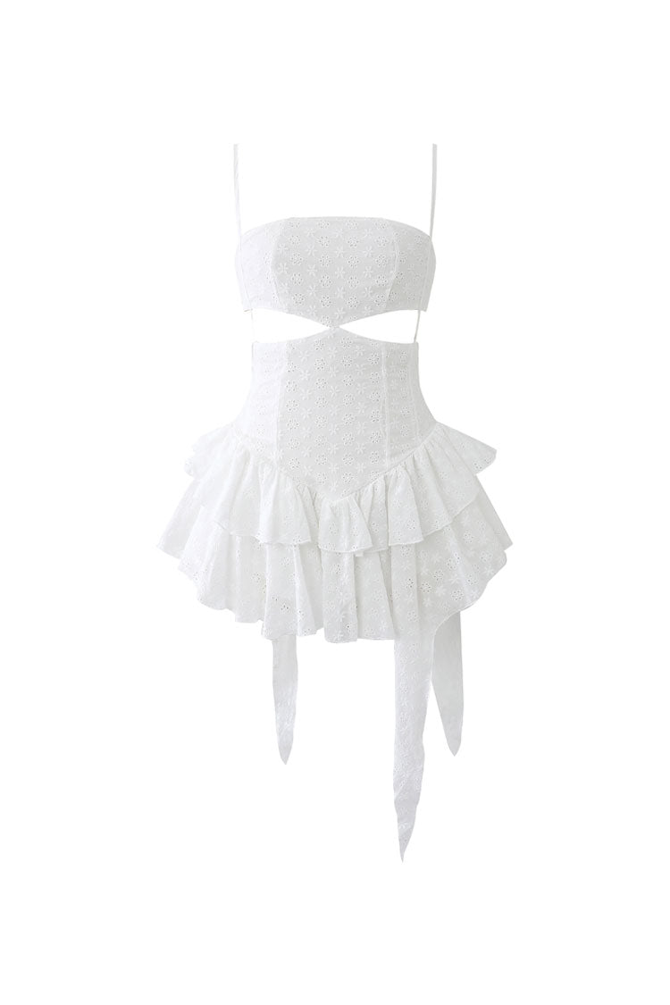 Cut Out Drop Waist Broderie Anglaise Tiered Ruffle Micro Sundress