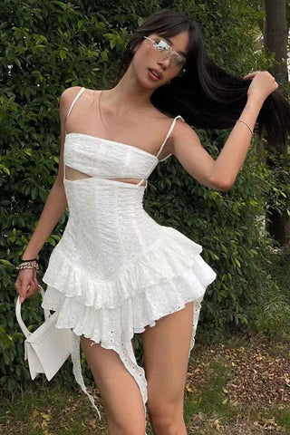 Cut Out Drop Waist Broderie Anglaise Tiered Ruffle Micro Sundress