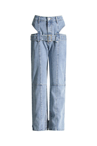 Cutout Double Waist High Rise Belted Detail Full Length Straight Jeans