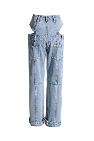 Cutout Double Waist High Rise Belted Detail Full Length Straight Jeans