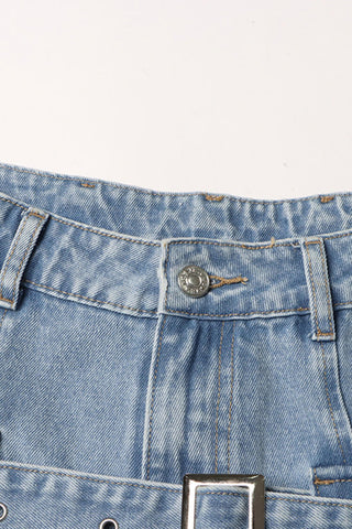 Cutout Double Waist High Rise Belted Detail Full Length Straight Jeans