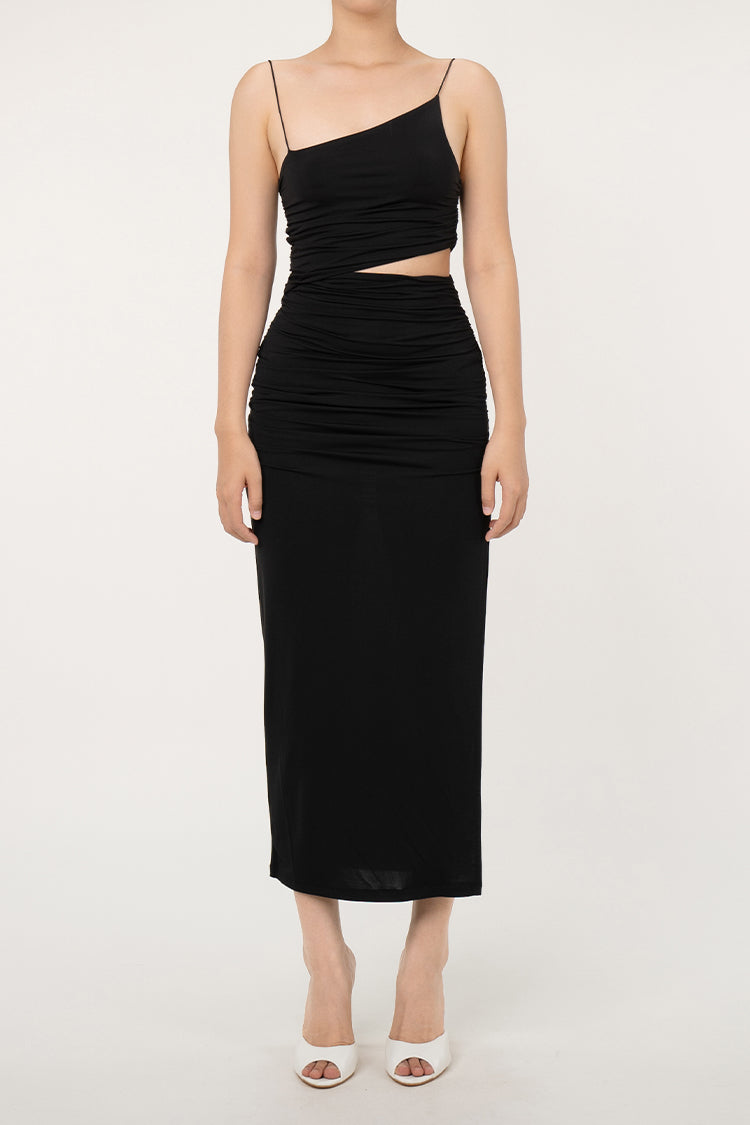 Cutout Spaghetti Strap Split Gathered Bodycon Cocktail Slip Midi Dress