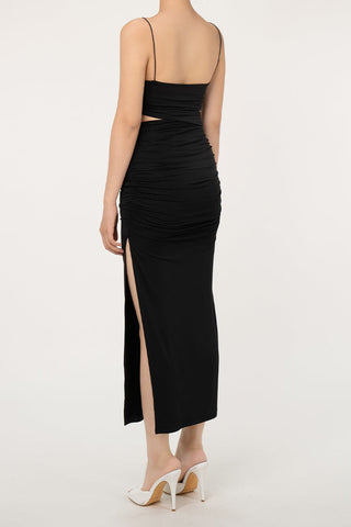 Cutout Spaghetti Strap Split Gathered Bodycon Cocktail Slip Midi Dress