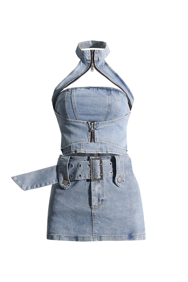 Cutout Zip Up Halter Crop Buckle Belt Two Piece Denim Micro Mini Dress