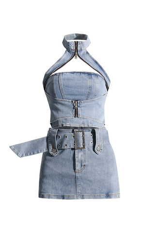 Cutout Zip Up Halter Crop Buckle Belt Two Piece Denim Micro Mini Dress
